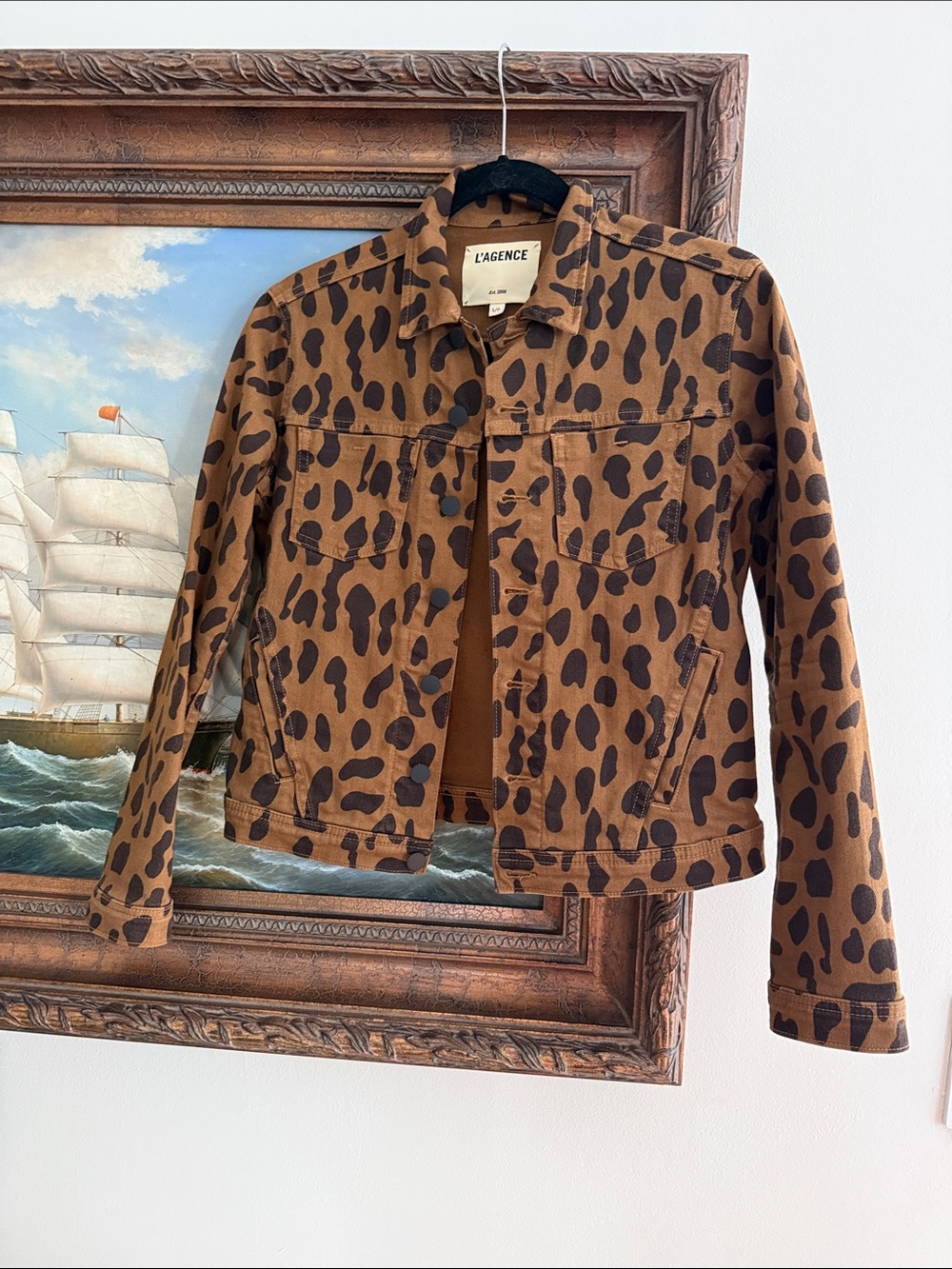 L'AGENCE Brown and Black Leopard Print Denim Jacket
